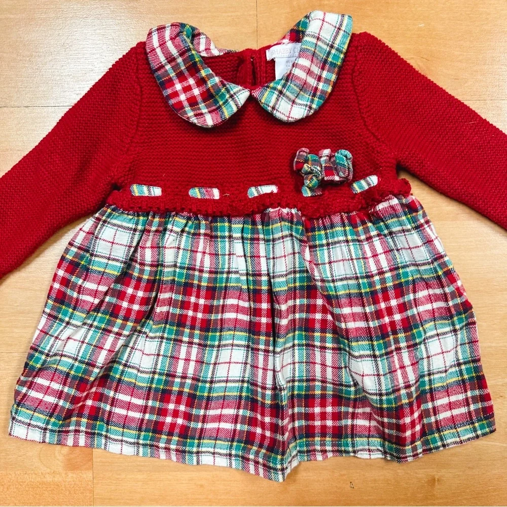 Shabby Chic Red & Green Plaid Detailed Holiday Christmas Sweater Dress 3-6M